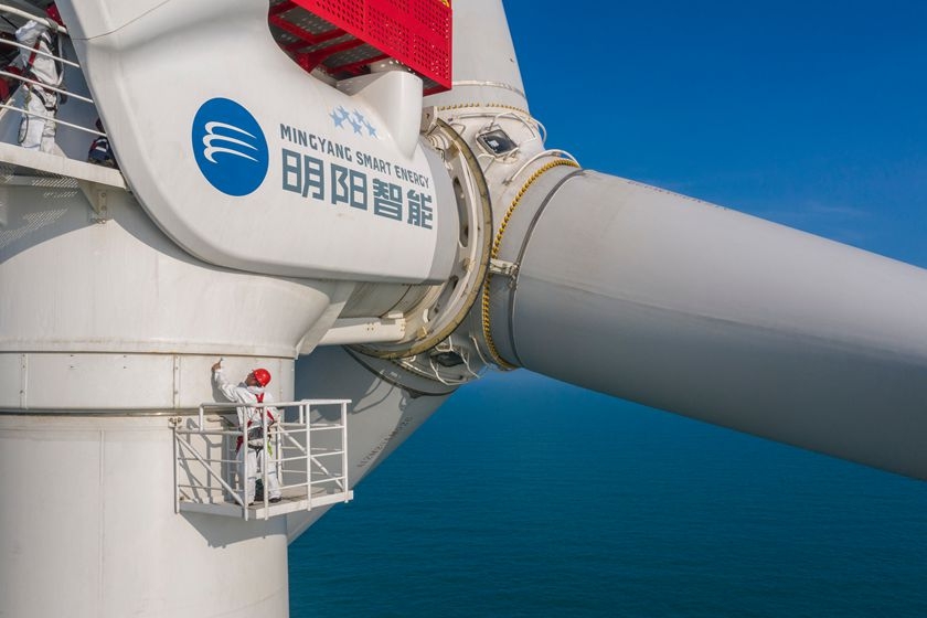 Zhuhai Jinwan Offshore Wind Farm in Guangdong province, where technicians conduct routine inspections and install auxiliary control systems atop 100-meter-high turbines. Photo: VCG